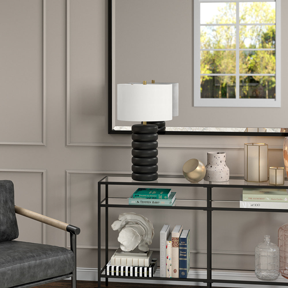 Hudson & Canal - Zelda 25in Tall Glass Bubble Body Table Lamp with Fabric Shade in Matte Black/Brass/White - TL1810