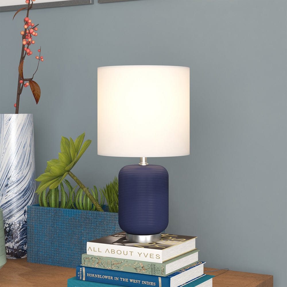 Hudson & Canal - Lambert 15" Tall Ceramic Table Lamp with Fabric Shade in Navy/Brushed Nickel/White - ML1643 view 9