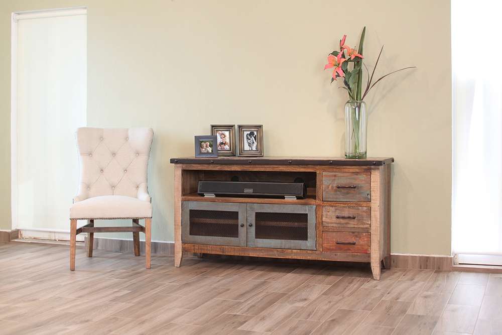 IFD - Antique Multicolor 62inTV Stand w/3 drawers & 2 Iron Mesh Doors - IFD967STAND veiw 1