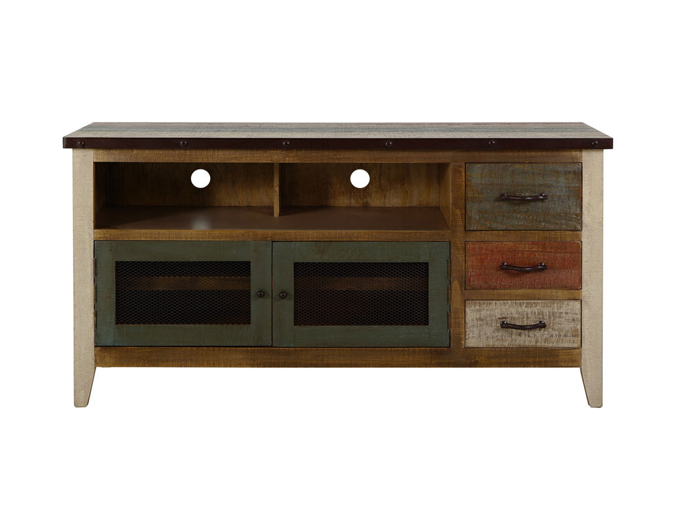 IFD - Antique Multicolor 62inTV Stand w/3 drawers & 2 Iron Mesh Doors - IFD967STAND view 1