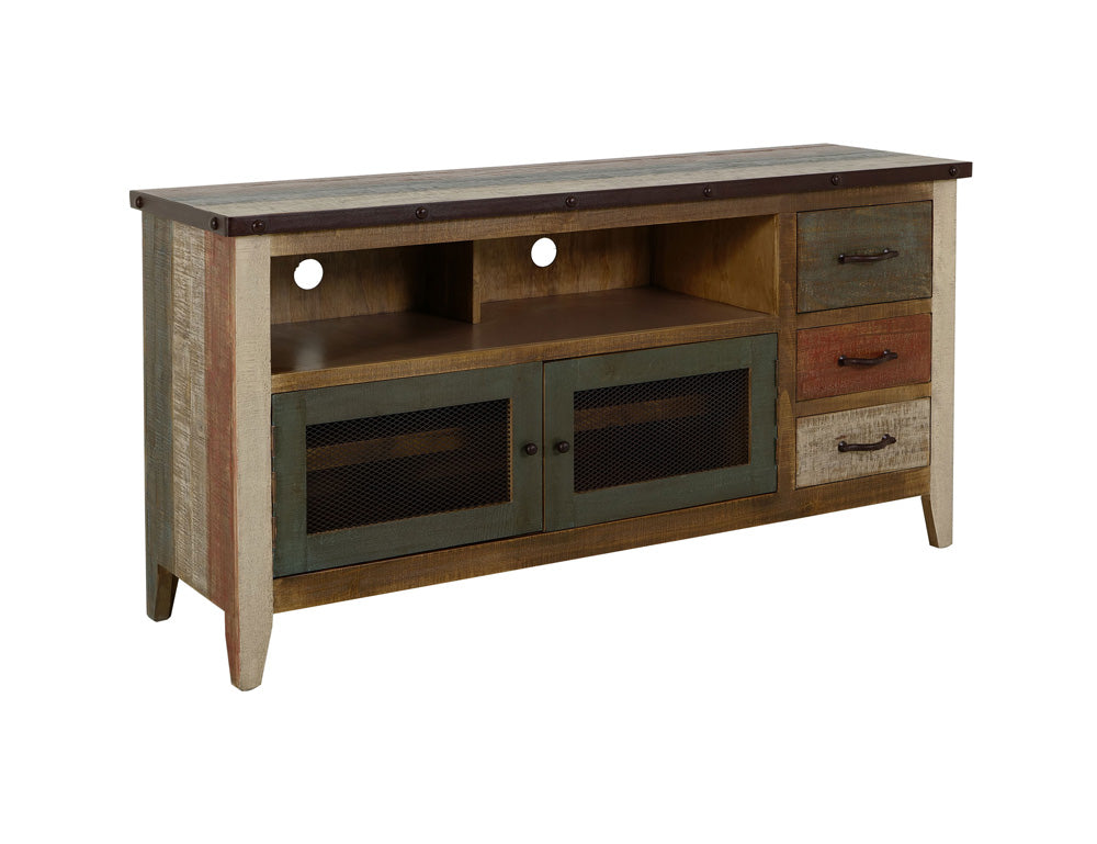IFD - Antique Multicolor 62inTV Stand w/3 drawers & 2 Iron Mesh Doors - IFD967STAND view 2