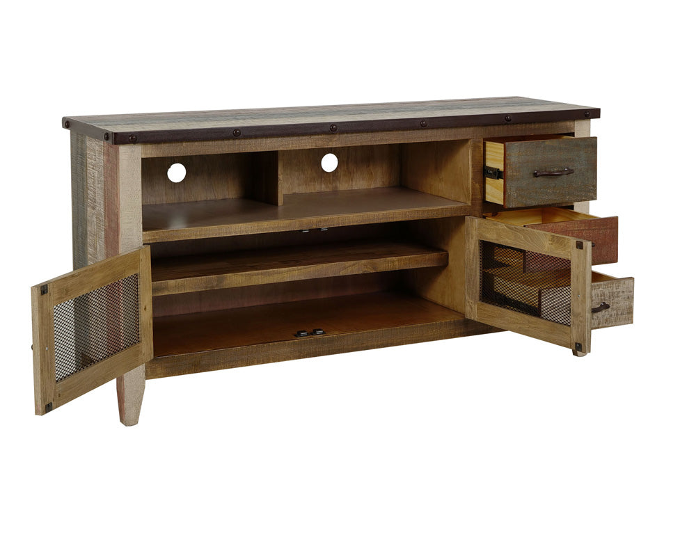 IFD - Antique Multicolor 62inTV Stand w/3 drawers & 2 Iron Mesh Doors - IFD967STAND view 3