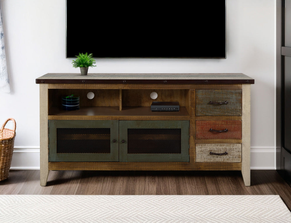 IFD - Antique Multicolor 62inTV Stand w/3 drawers & 2 Iron Mesh Doors - IFD967STAND view 4