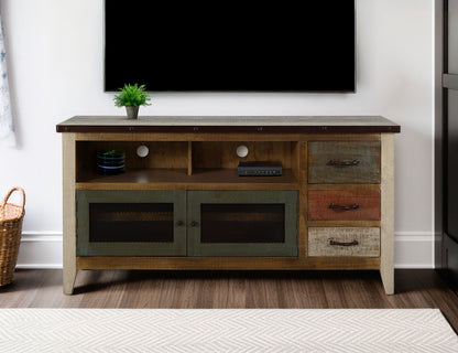 IFD - Antique Multicolor 62inTV Stand w/3 drawers & 2 Iron Mesh Doors - IFD967STAND view 4