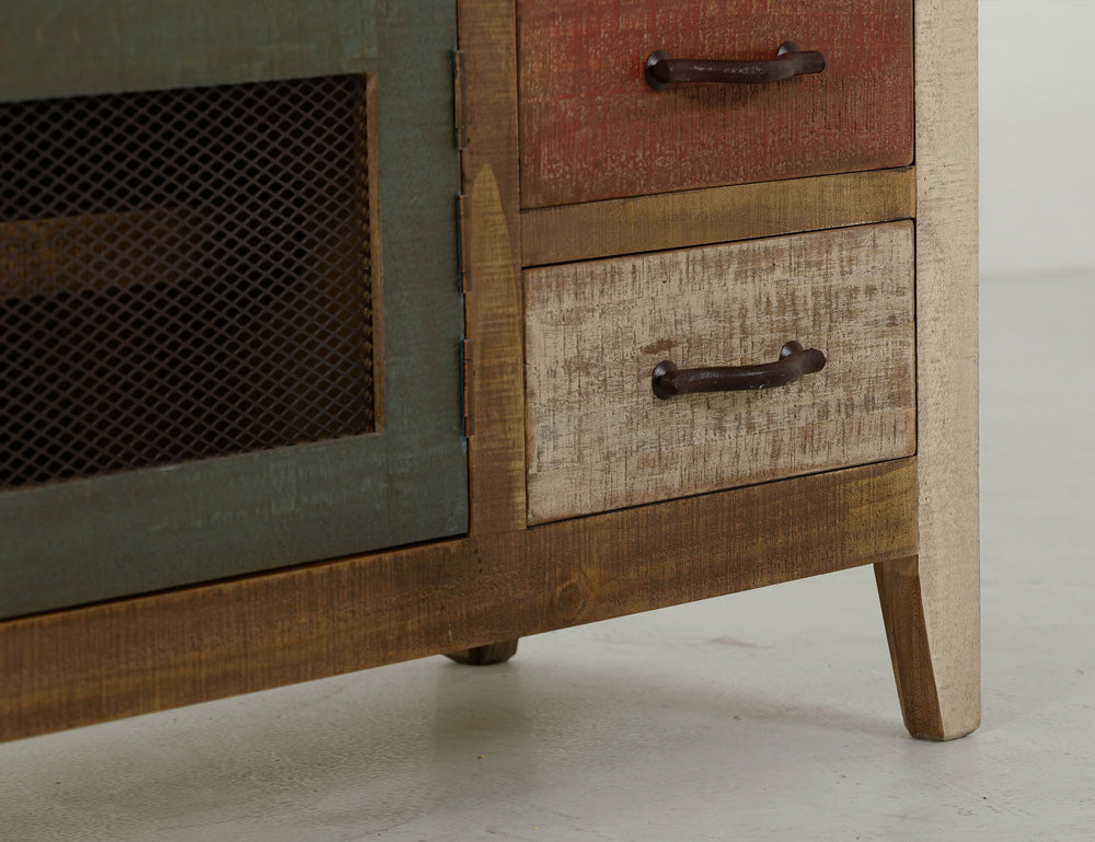 IFD - Antique Multicolor 62inTV Stand w/3 drawers & 2 Iron Mesh Doors - IFD967STAND view 5
