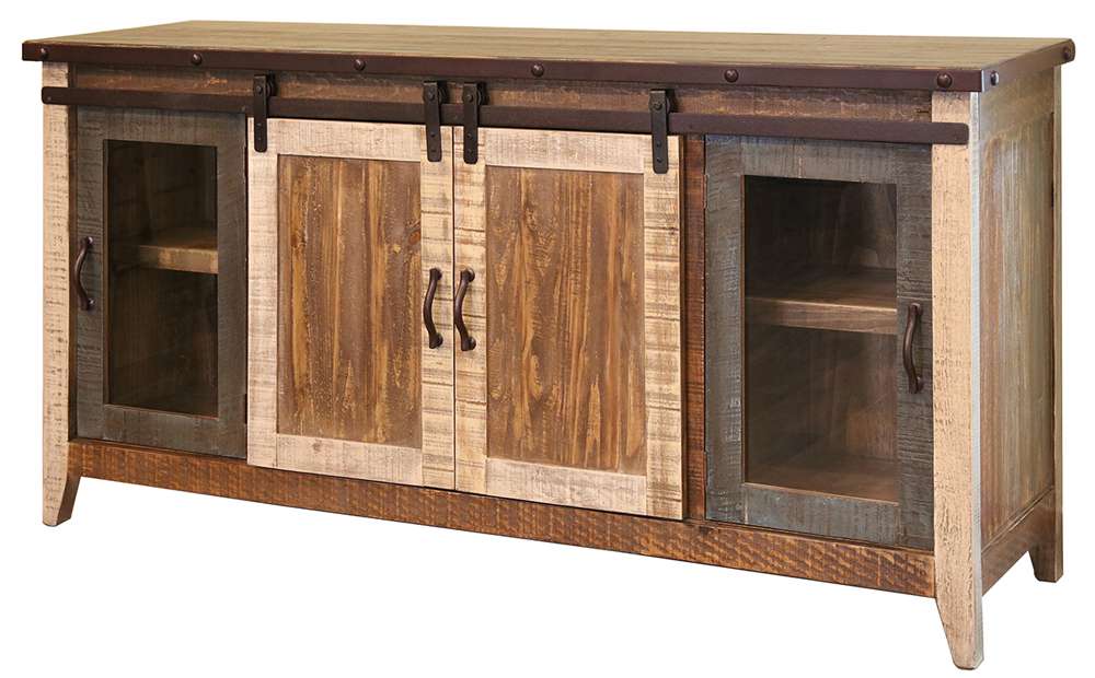 IFD - Antique Multicolor 70in TV Stand w/2 Glass doors w/ 1 middle shelf, 2 Sliding doors, w/2 shelves - IFD962STAND-70 veiw 1