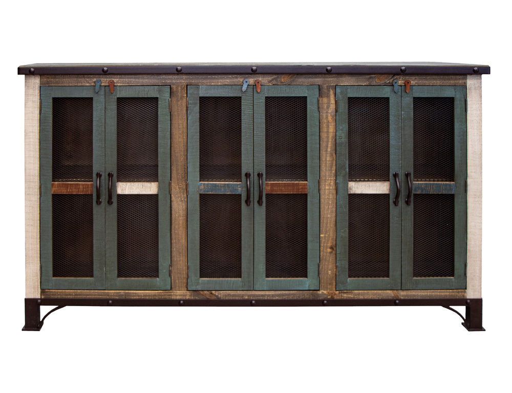IFD - Antique Multicolor 71in Console w/6 Iron Mesh Door Panels & Middle Shelves - IFD969CONS-6MC view 1