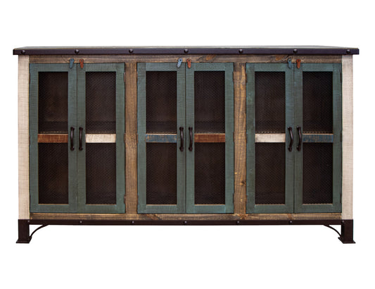 IFD - Antique Multicolor 71in Console w/6 Iron Mesh Door Panels & Middle Shelves - IFD969CONS-6MC view 1