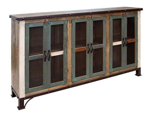IFD - Antique Multicolor 71in Console w/6 Iron Mesh Door Panels & Middle Shelves - IFD969CONS-6MC view 2
