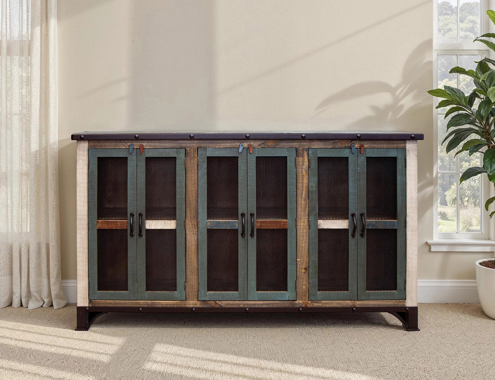 IFD - Antique Multicolor 71in Console w/6 Iron Mesh Door Panels & Middle Shelves - IFD969CONS-6MC view 3