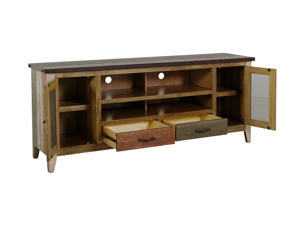 IFD - Antique Multicolor 76inTV Stand w/2 drawers & 2 Iron Mesh Doors - IFD968STAND view 3