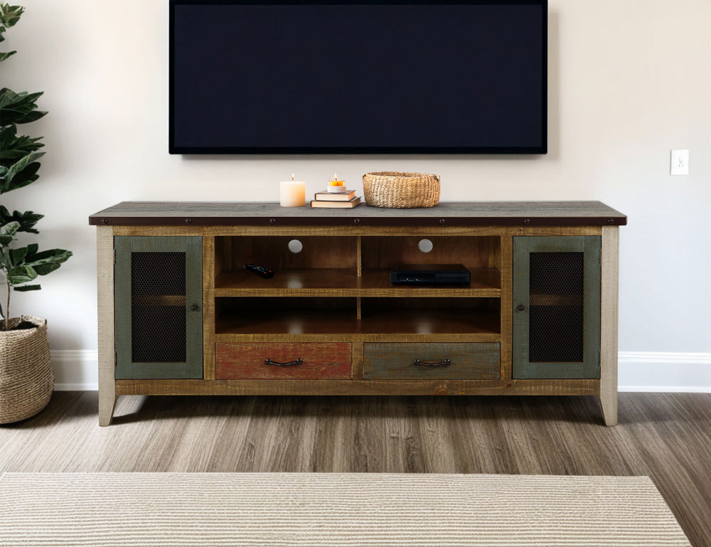 IFD - Antique Multicolor 76inTV Stand w/2 drawers & 2 Iron Mesh Doors - IFD968STAND view 4