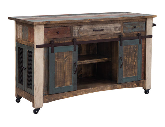 IFD - Antique Multicolor Kitchen Island w/3 Drawer, 2 sliding doors, 2 Mesh Doors on each Side & Casters - IFD968ISLAND-MC view 1