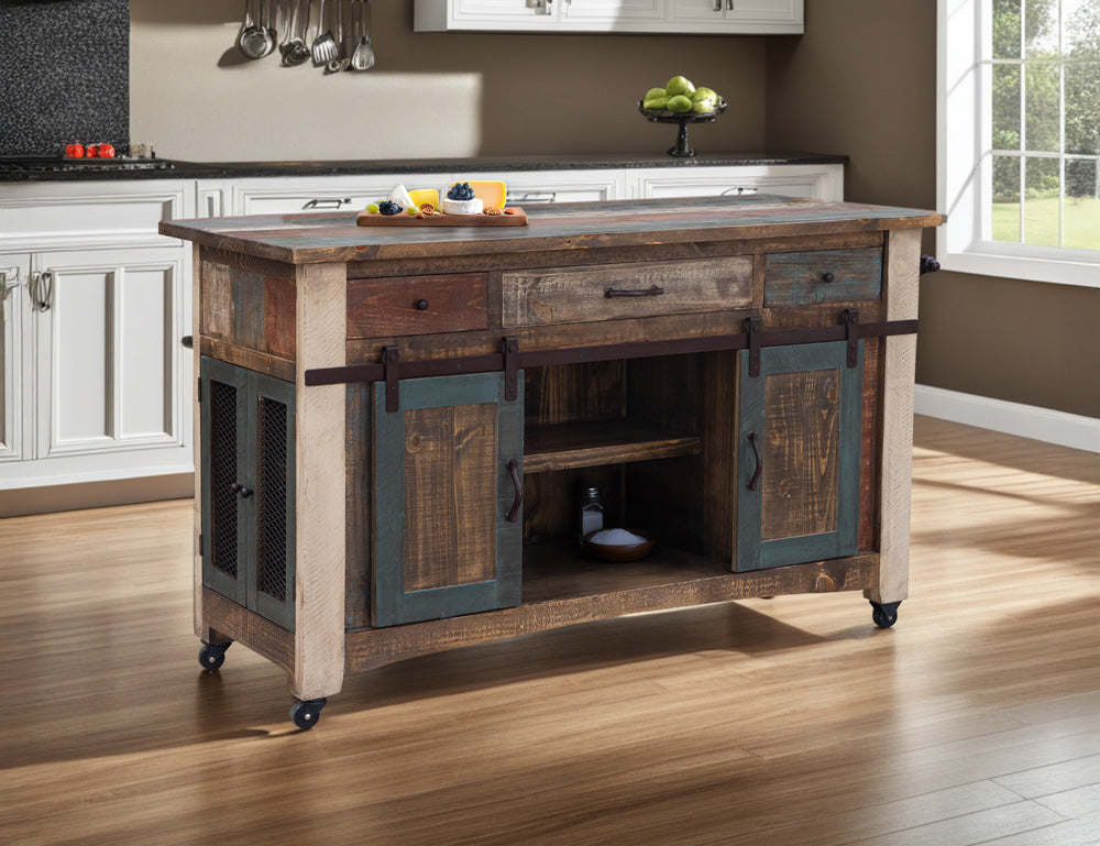 IFD - Antique Multicolor Kitchen Island w/3 Drawer, 2 sliding doors, 2 Mesh Doors on each Side & Casters - IFD968ISLAND-MC view 3