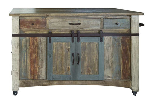 IFD - Antique Multicolor Kitchen Island w/3 Drawer, 2 sliding doors, 2 Mesh Doors on each Side & Casters - IFD968ISLAND-MC veiw 1