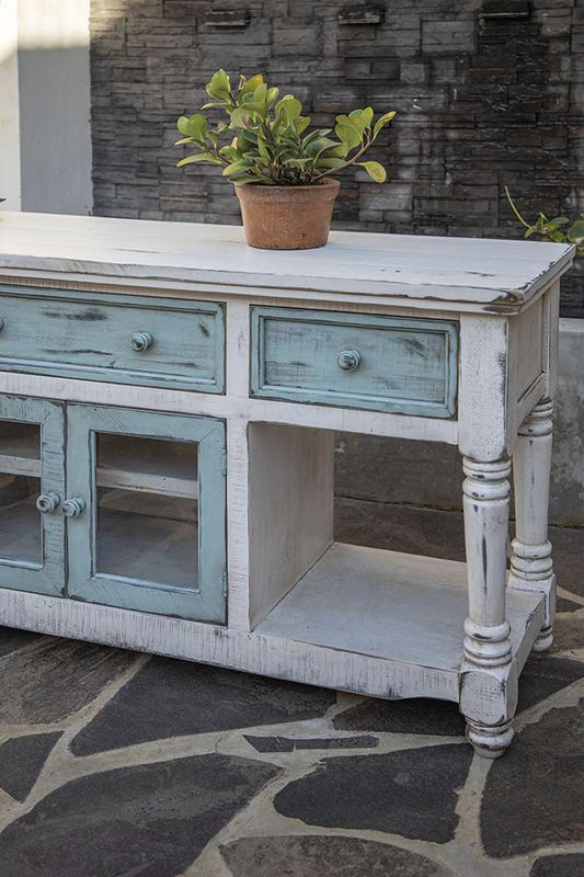 IFD - Aruba 70in TV Stand in White Finish, w/3 sky blue drawers & 2 sky blue doors - IFD7331STN70WT veiw 2