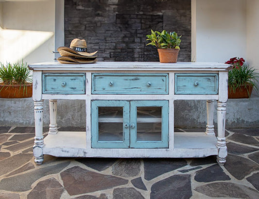 IFD - Aruba 70in TV Stand in White Finish, w/3 sky blue drawers & 2 sky blue doors - IFD7331STN70WT view 2