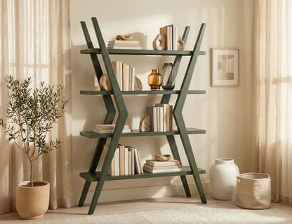 IFD - Moka - 4 Shelves, X-Shaped Étagère Bookcase in Green - IFD1181BKSGN view 3