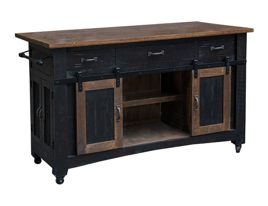 IFD - Pueblo Black 3 Drawer Kitchen Island w/2 Sliding Doors, 2 Mesh Doors on Each Side - Black & Brown Finish - IFD370ISLAND view 1