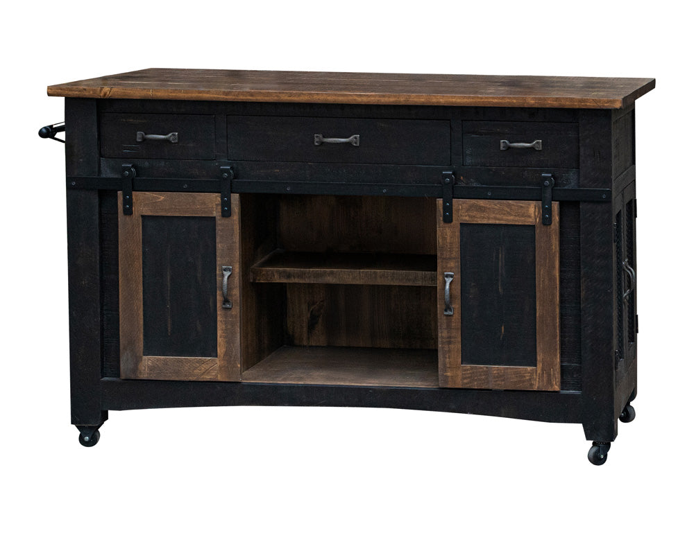 IFD - Pueblo Black 3 Drawer Kitchen Island w/2 Sliding Doors, 2 Mesh Doors on Each Side - Black & Brown Finish - IFD370ISLAND view 2