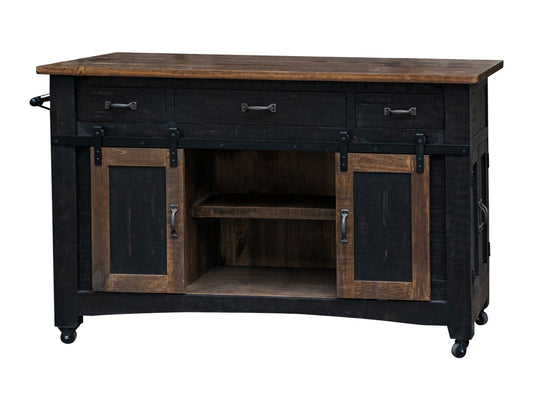 IFD - Pueblo Black 3 Drawer Kitchen Island w/2 Sliding Doors, 2 Mesh Doors on Each Side - Black & Brown Finish - IFD370ISLAND view 2
