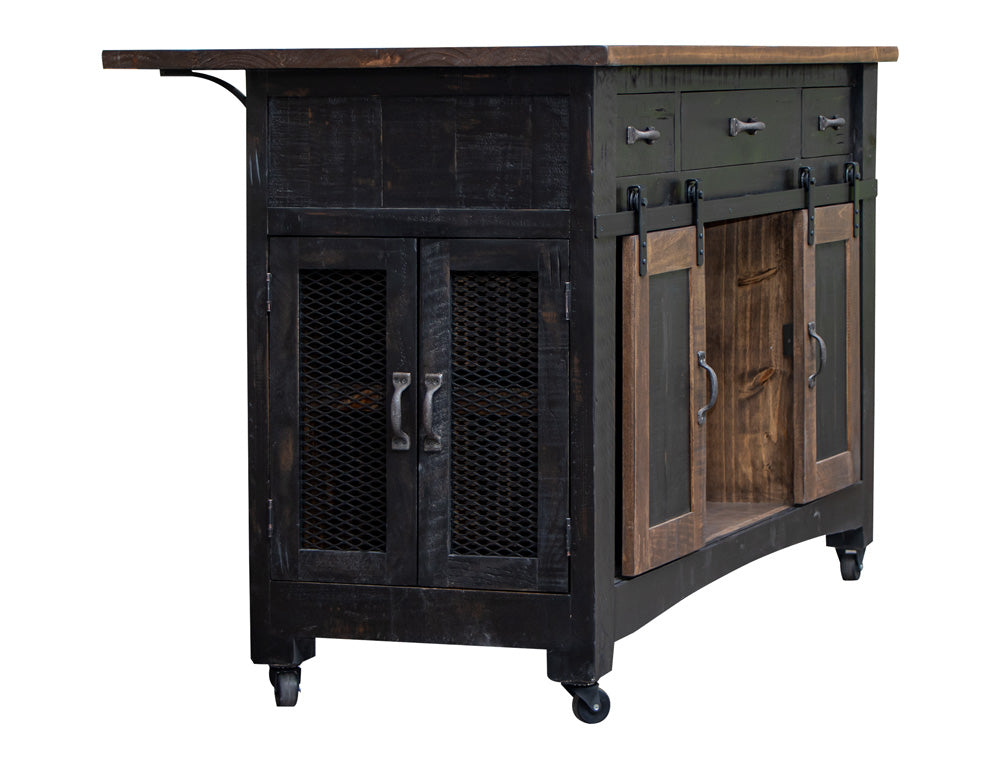 IFD - Pueblo Black 3 Drawer Kitchen Island w/2 Sliding Doors, 2 Mesh Doors on Each Side - Black & Brown Finish - IFD370ISLAND view 4