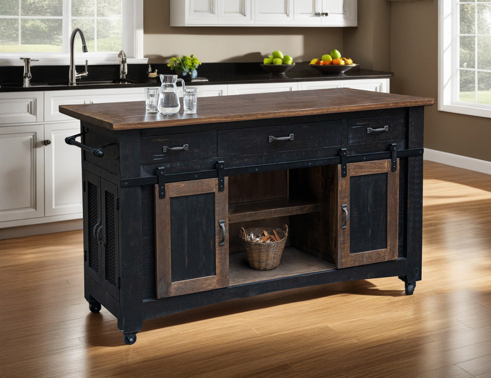 IFD - Pueblo Black 3 Drawer Kitchen Island w/2 Sliding Doors, 2 Mesh Doors on Each Side - Black & Brown Finish - IFD370ISLAND view 5