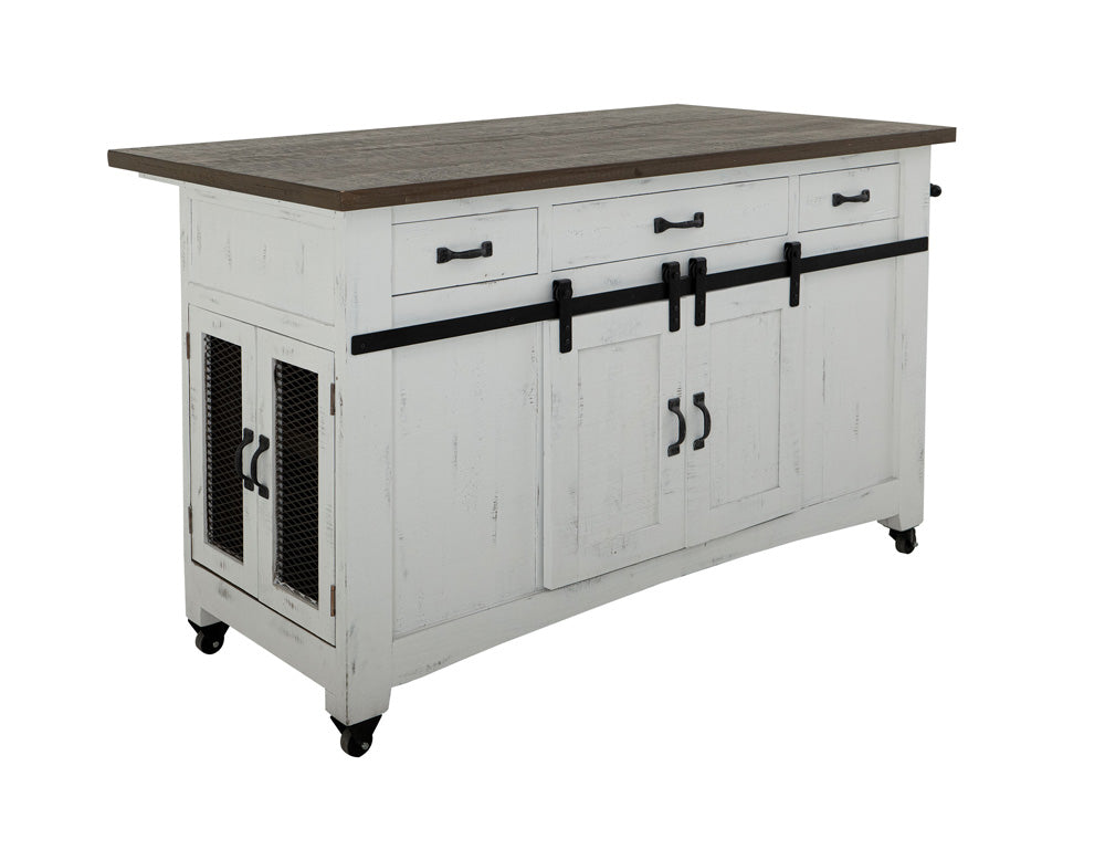 IFD - Pueblo White 3 Drawer Kitchen Island w/2 sliding doors, 2 Mesh doors on each side - IFD360ISLAND view 1