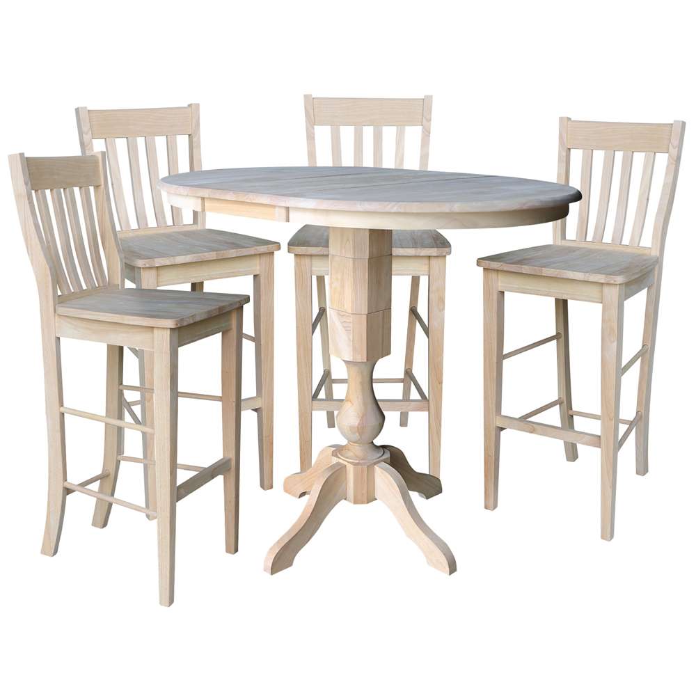 International Concepts - (Set of 5 Pcs) 36in Round Extension Dining Table with 4 Cafe Bar Height Stools - K-36RXT-11P-S6163-4 view 1