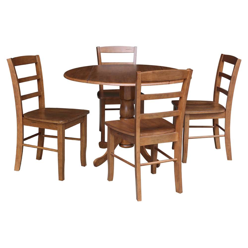 International Concepts - (Set of 5 Pcs) 42in Dual Drop Leaf Table with 4 RTA Chairs in Distressed Oak Finish - K42-42DP-C2-4 view 1