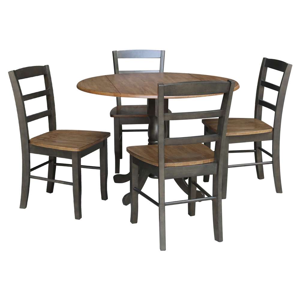 International Concepts - (Set of 5 Pcs) 42in Dual Drop Leaf Table with 4 RTA Chairs in Hickory/Washed Coal Finish - K45-42DP-C2-4 view 1