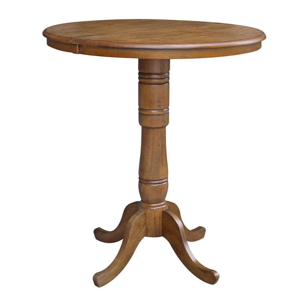 International Concepts - 36in Round Top Ped Table with 12in Leaf - 41.3inH - Bar Height in Pecan Finish - K59-36RXT-6B-2 veiw 1