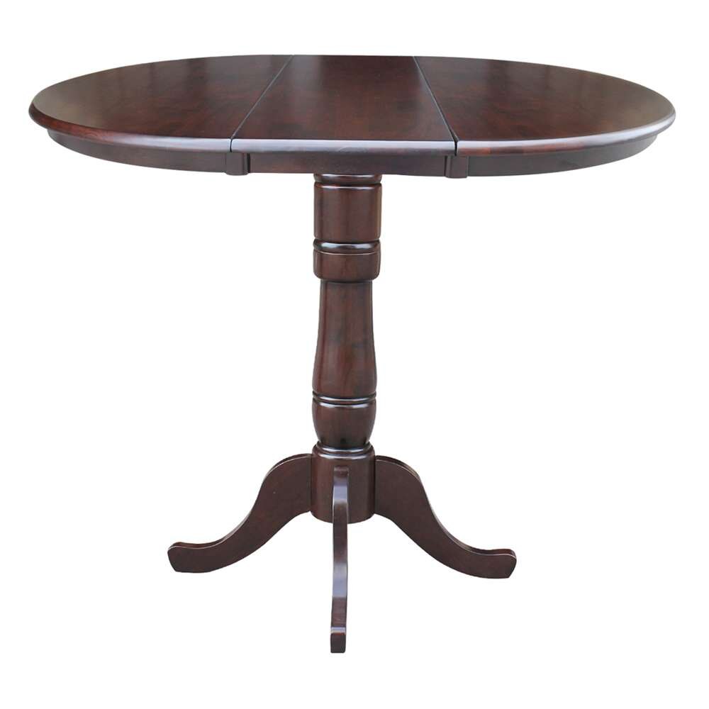 International Concepts - 36in Round Top Ped Table with 12in Leaf - 41.3inH - Bar Height in Rich Mocha Finish - K15-36RXT-6B-2 veiw 2