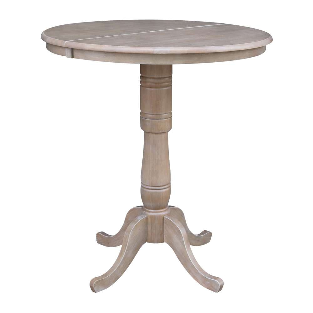 International Concepts - 36in Round Top Ped Table with 12in Leaf - 41.3inH - Bar Height in Washed Gray Taupe Finish - K09-36RXT-6B-2 veiw 1