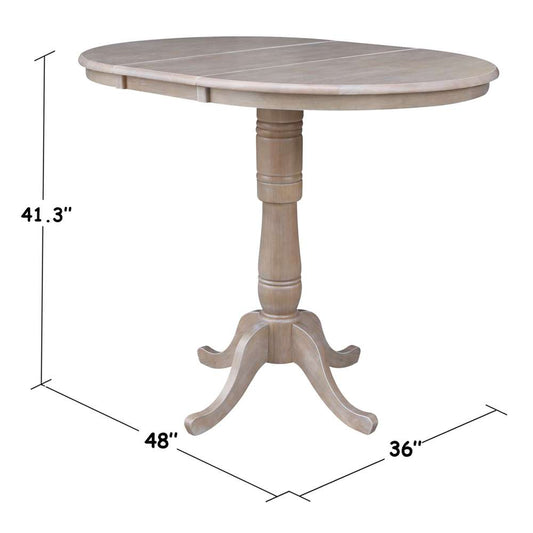 International Concepts - 36in Round Top Ped Table with 12in Leaf - 41.3inH - Bar Height in Washed Gray Taupe Finish - K09-36RXT-6B-2 veiw 2