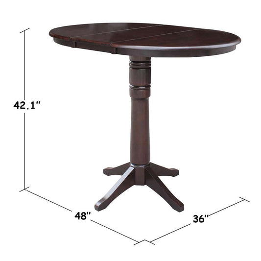 International Concepts - 36in Round Top Ped Table with 12in Leaf - 42.1inH - Bar Height in Rich Mocha Finish - K15-36RXT-27B-6B-2 veiw 2