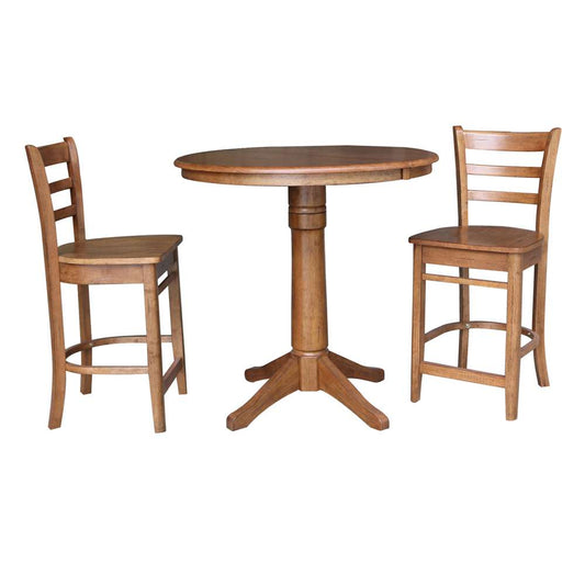 International Concepts (Set of 3 Pcs) - 36in Round Extension Dining Table with 2 Counter Height Stools in Distressed Oak Finish - K42-36RXT-27B-S6172-2 veiw 1