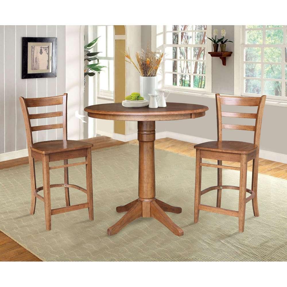 International Concepts (Set of 3 Pcs) - 36in Round Extension Dining Table with 2 Counter Height Stools in Distressed Oak Finish - K42-36RXT-27B-S6172-2 veiw 2