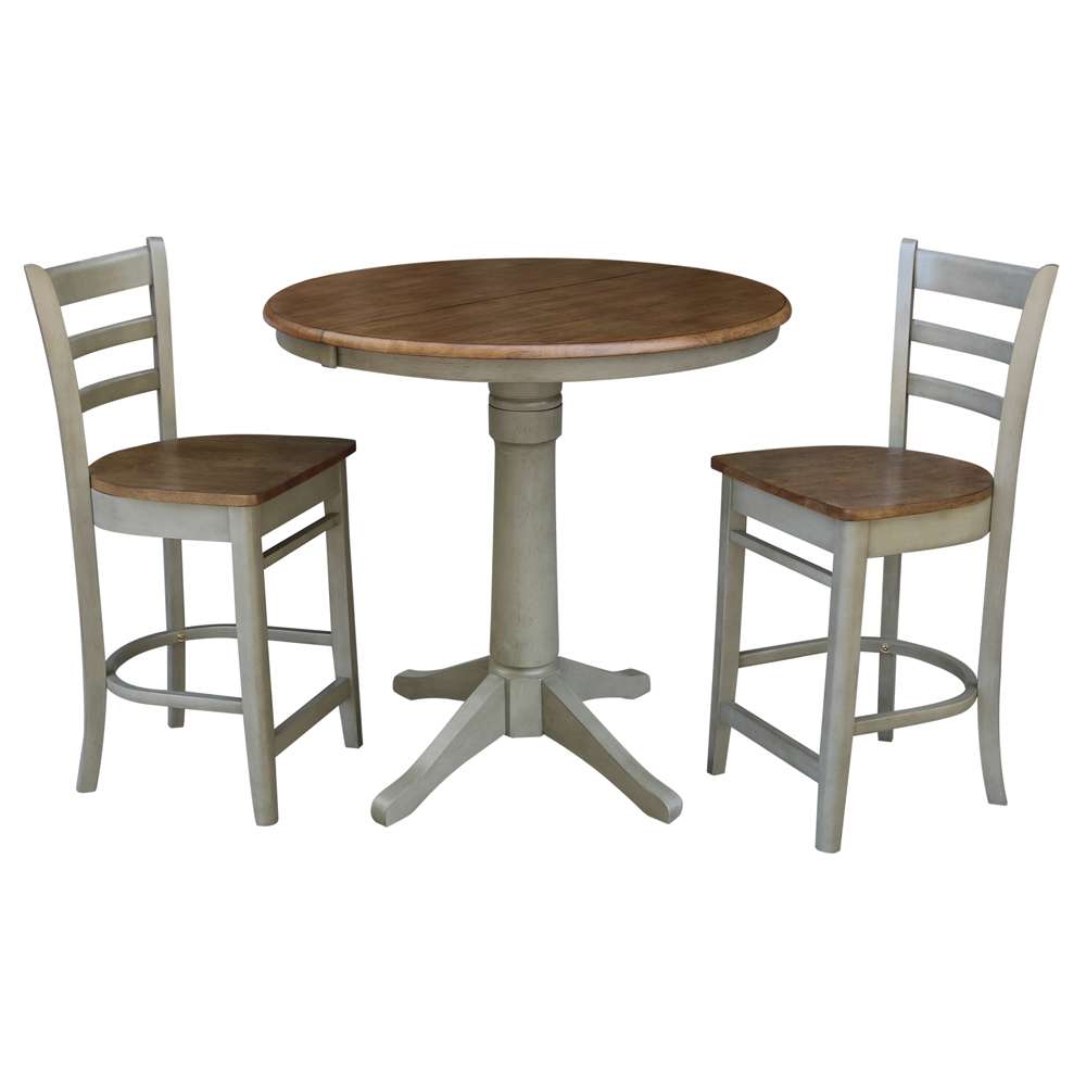 International Concepts (Set of 3 Pcs) - 36in Round Extension Dining Table with 2 Counter Height Stools in Hickory/Stone Finish - K41-36RXT-27B-S6172-2 veiw 1