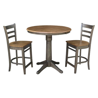 International Concepts (Set of 3 Pcs) - 36in Round Extension Dining Table with 2 Counter Height Stools in Hickory/Washed Coal Finish - K45-36RXT-27-S6172-2 veiw 1