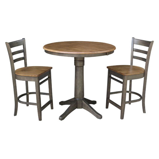 International Concepts (Set of 3 Pcs) - 36in Round Extension Dining Table with 2 Counter Height Stools in Hickory/Washed Coal Finish - K45-36RXT-27-S6172-2 veiw 1