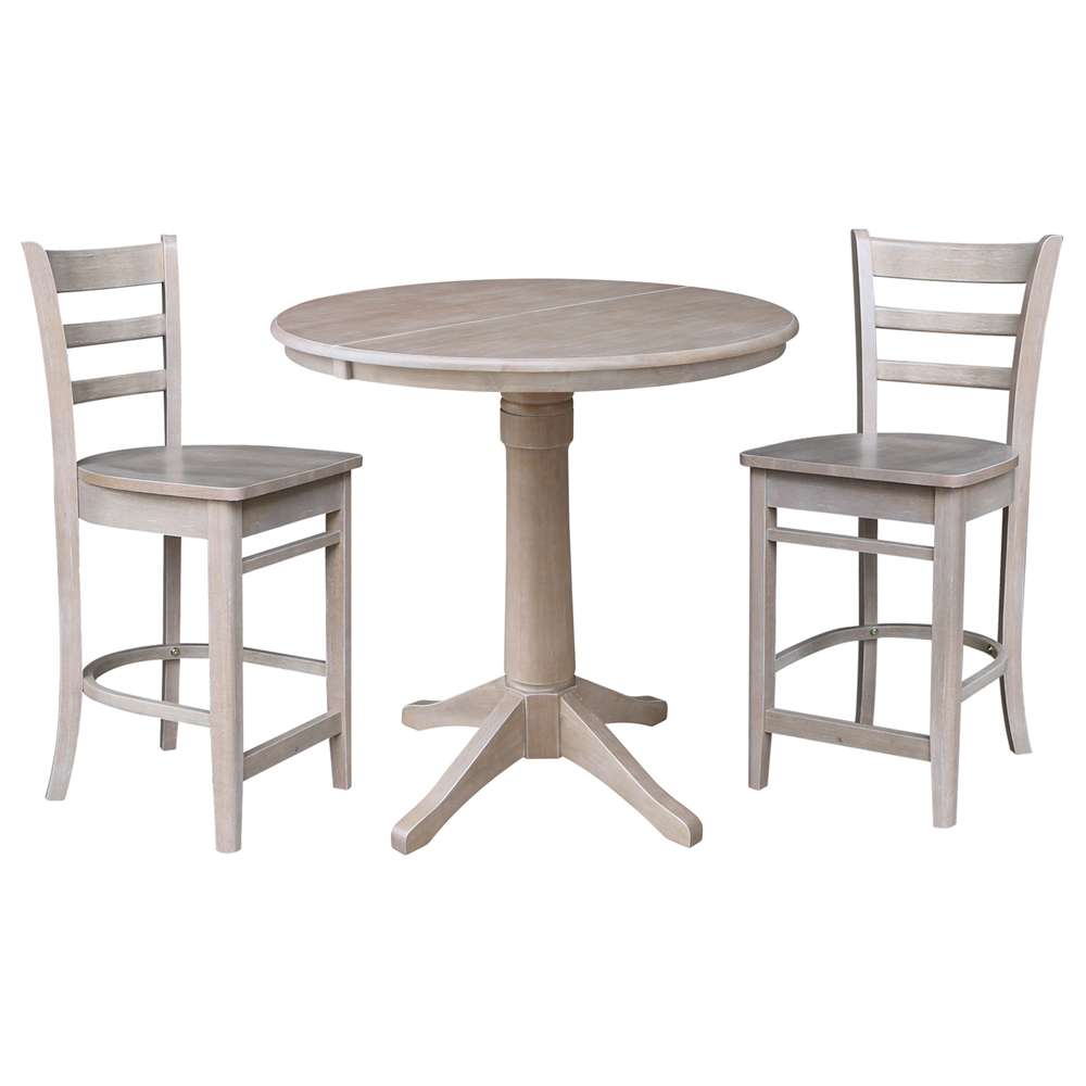 International Concepts (Set of 3 Pcs) - 36in Round Extension Dining Table with 2 Counter Height Stools in Washed Gray Taupe Finish - K09-36RXT-27-S6172-2 veiw 1