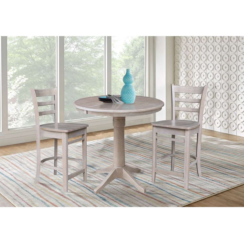 International Concepts (Set of 3 Pcs) - 36in Round Extension Dining Table with 2 Counter Height Stools in Washed Gray Taupe Finish - K09-36RXT-27-S6172-2 veiw 2