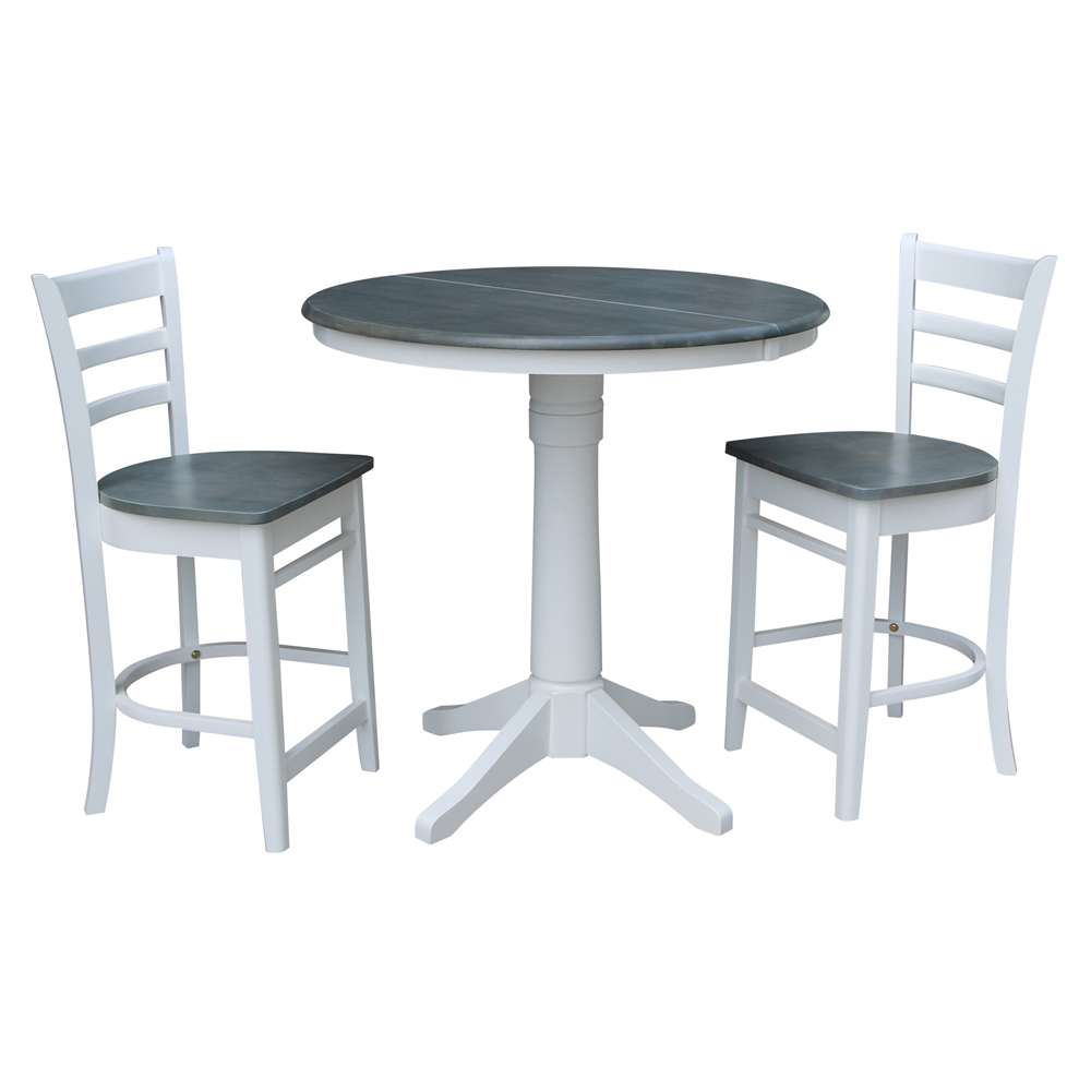 International Concepts (Set of 3 Pcs) - 36in Round Extension Dining Table with 2 Counter Height Stools in White/Heather Gray Finish - K05-36RXT-27B-S6172-2 veiw 1