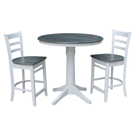 International Concepts (Set of 3 Pcs) - 36in Round Extension Dining Table with 2 Counter Height Stools in White/Heather Gray Finish - K05-36RXT-27B-S6172-2 veiw 1
