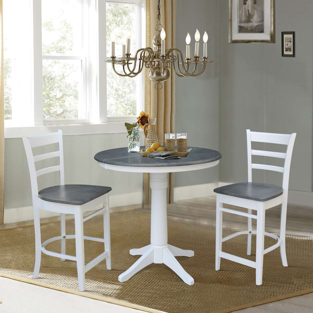 International Concepts (Set of 3 Pcs) - 36in Round Extension Dining Table with 2 Counter Height Stools in White/Heather Gray Finish - K05-36RXT-27B-S6172-2 veiw 2