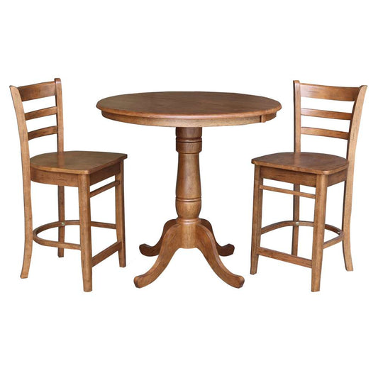 International Concepts (Set of 3 Pcs) - 36in Round Extension Dining Table with 2 RTA Counter Height Stools in Distressed Oak Finish - K42-36RXT-6B-S6172-2 veiw 1