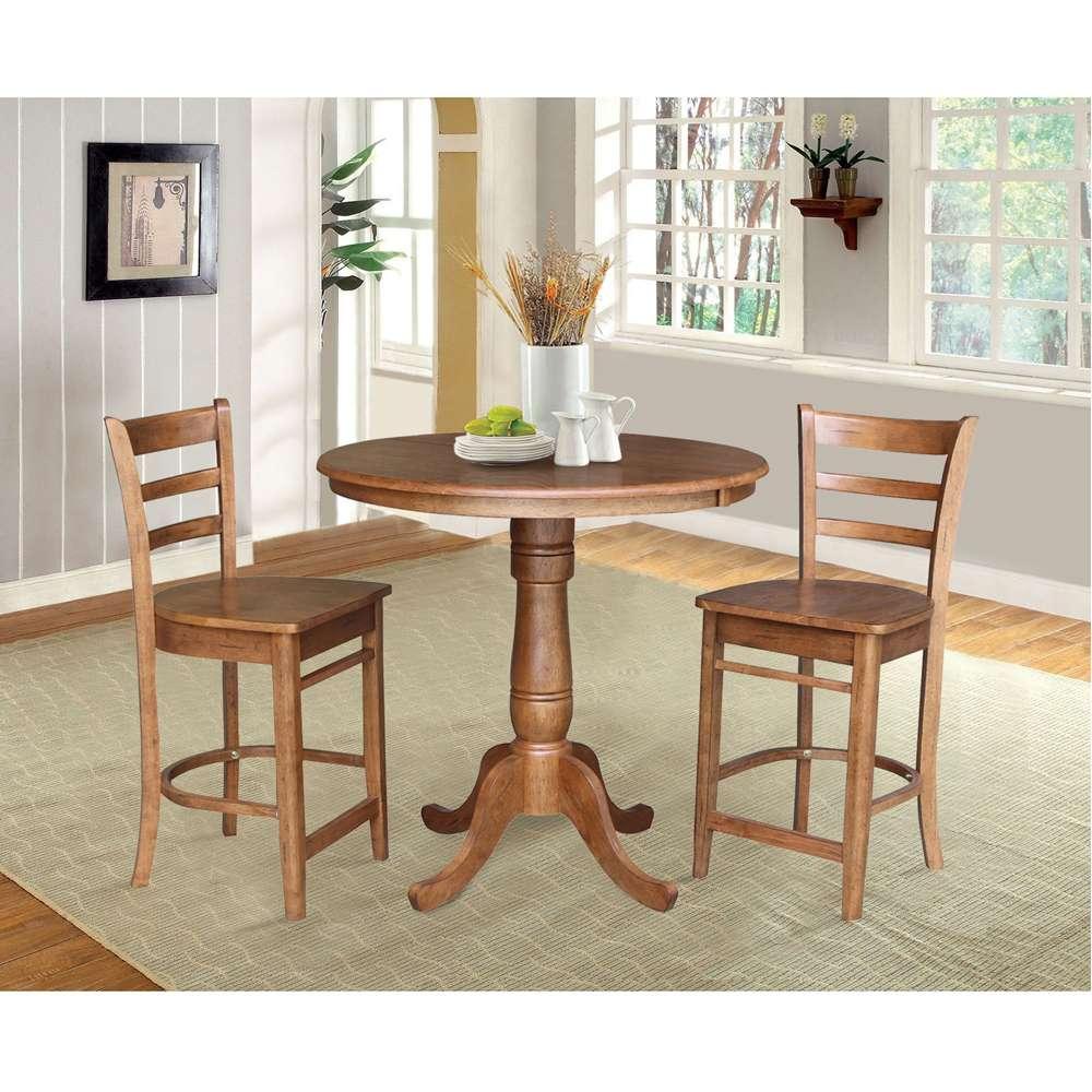 International Concepts (Set of 3 Pcs) - 36in Round Extension Dining Table with 2 RTA Counter Height Stools in Distressed Oak Finish - K42-36RXT-6B-S6172-2 veiw 2
