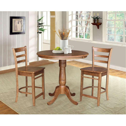 International Concepts (Set of 3 Pcs) - 36in Round Extension Dining Table with 2 RTA Counter Height Stools in Distressed Oak Finish - K42-36RXT-6B-S6172-2 veiw 2
