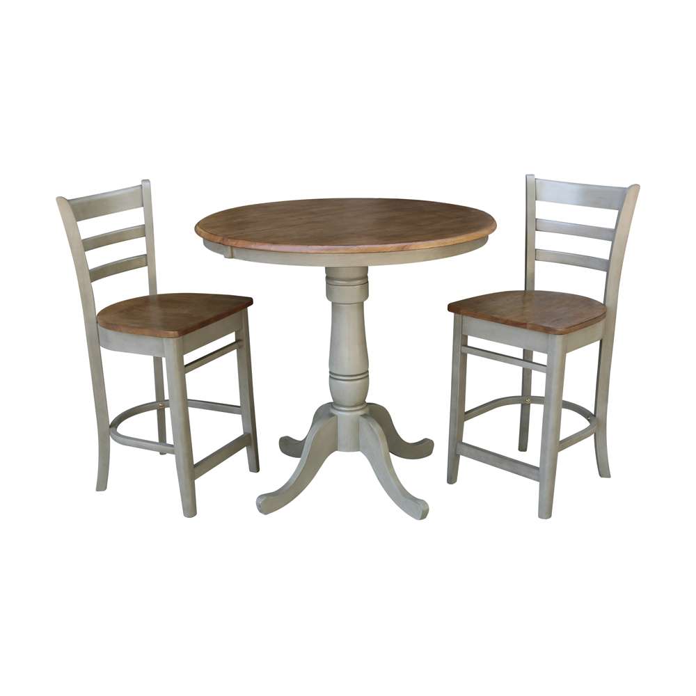 International Concepts (Set of 3 Pcs) - 36in Round Extension Dining Table with 2 RTA Counter Height Stools in Hickory/Stone Finish - K41-36RXT-6B-S6172-2 veiw 1